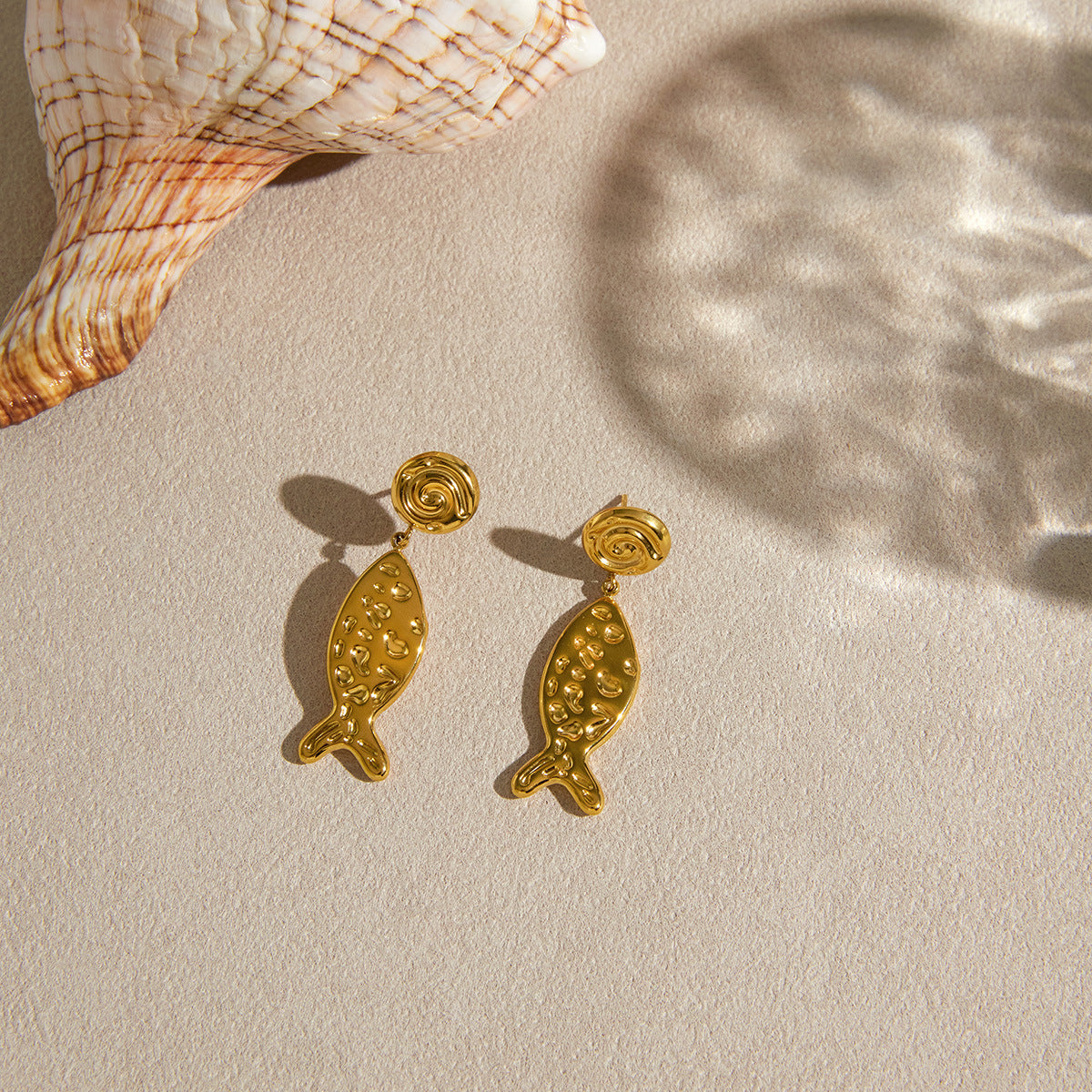 Stainless Steel Hammered Fish Pendant Stud Earrings