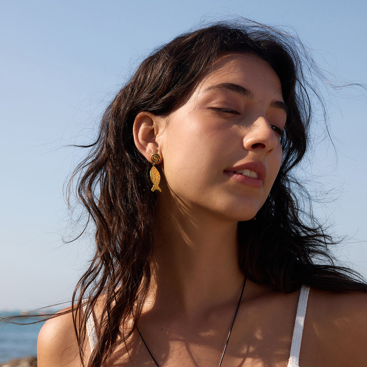 Stainless Steel Hammered Fish Pendant Stud Earrings