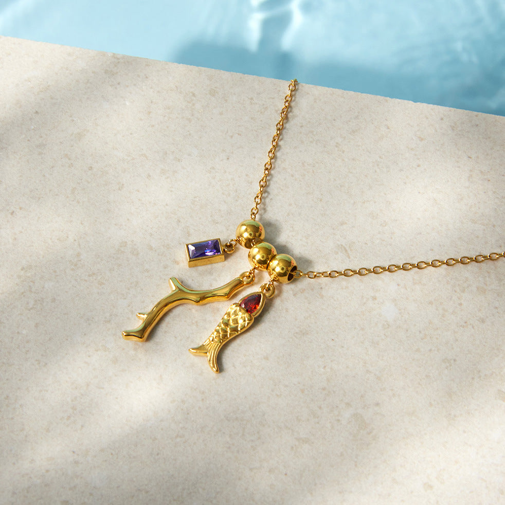 Stainless Steel Cubic Zirconia Fish Pendant Necklace