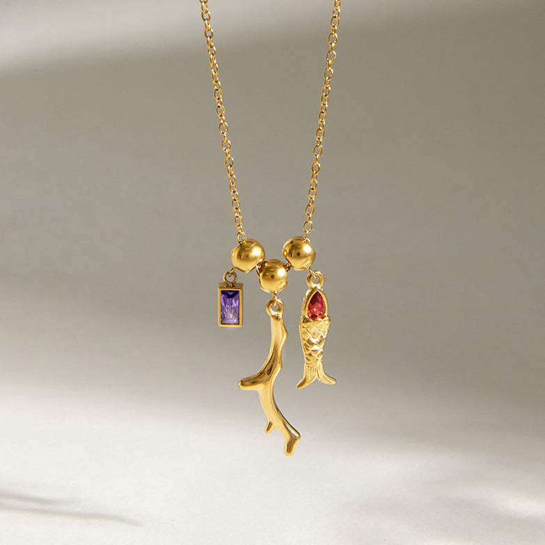 Stainless Steel Cubic Zirconia Fish Pendant Necklace