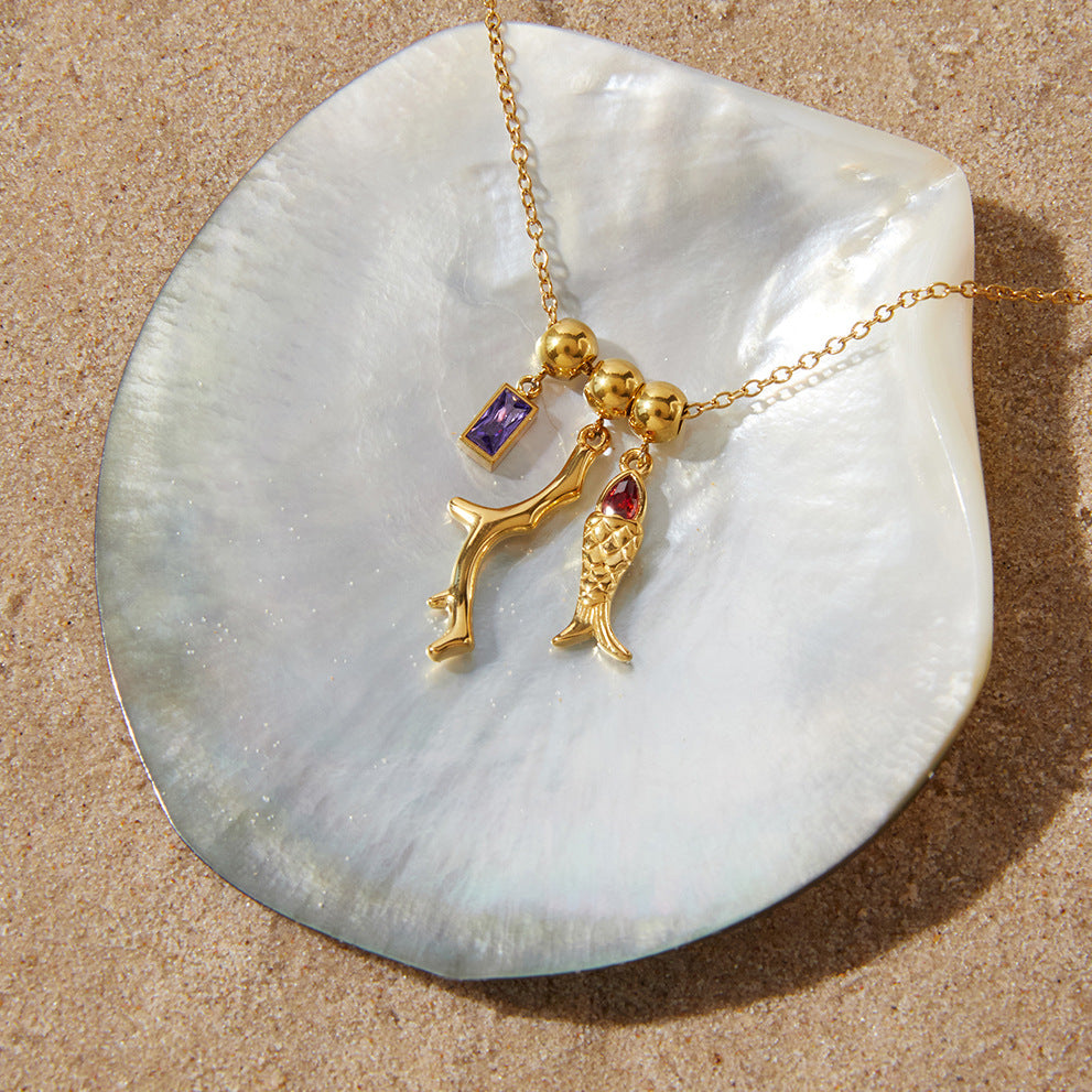 Stainless Steel Cubic Zirconia Fish Pendant Necklace