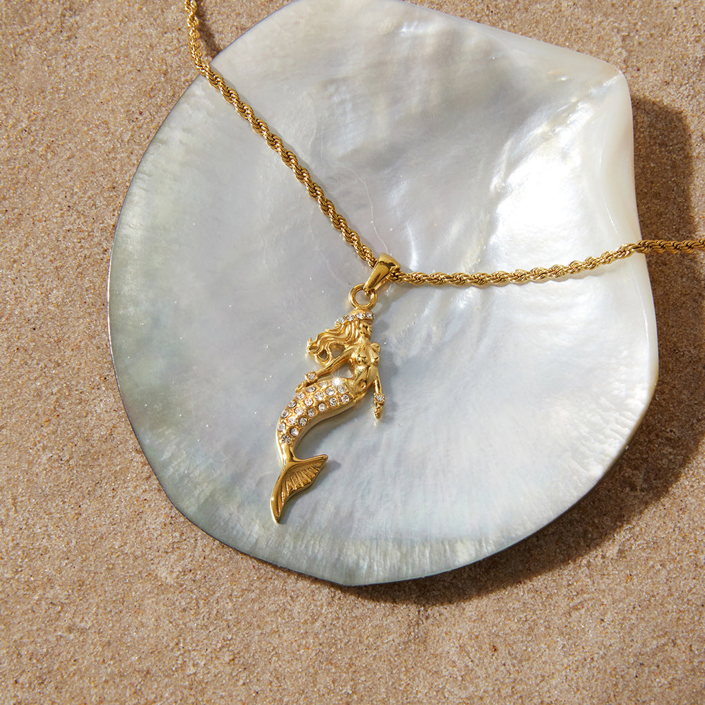 Stainless Steel Cubic Zirconia Mermaid Pendant Necklace