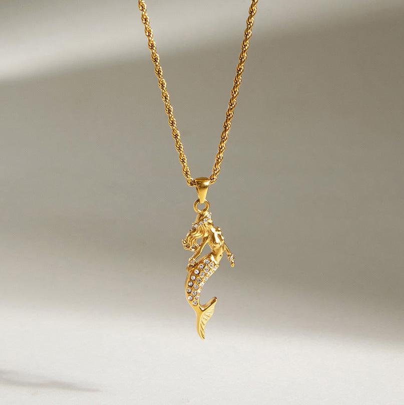Stainless Steel Cubic Zirconia Mermaid Pendant Necklace