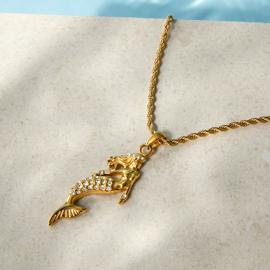 Stainless Steel Cubic Zirconia Mermaid Pendant Necklace