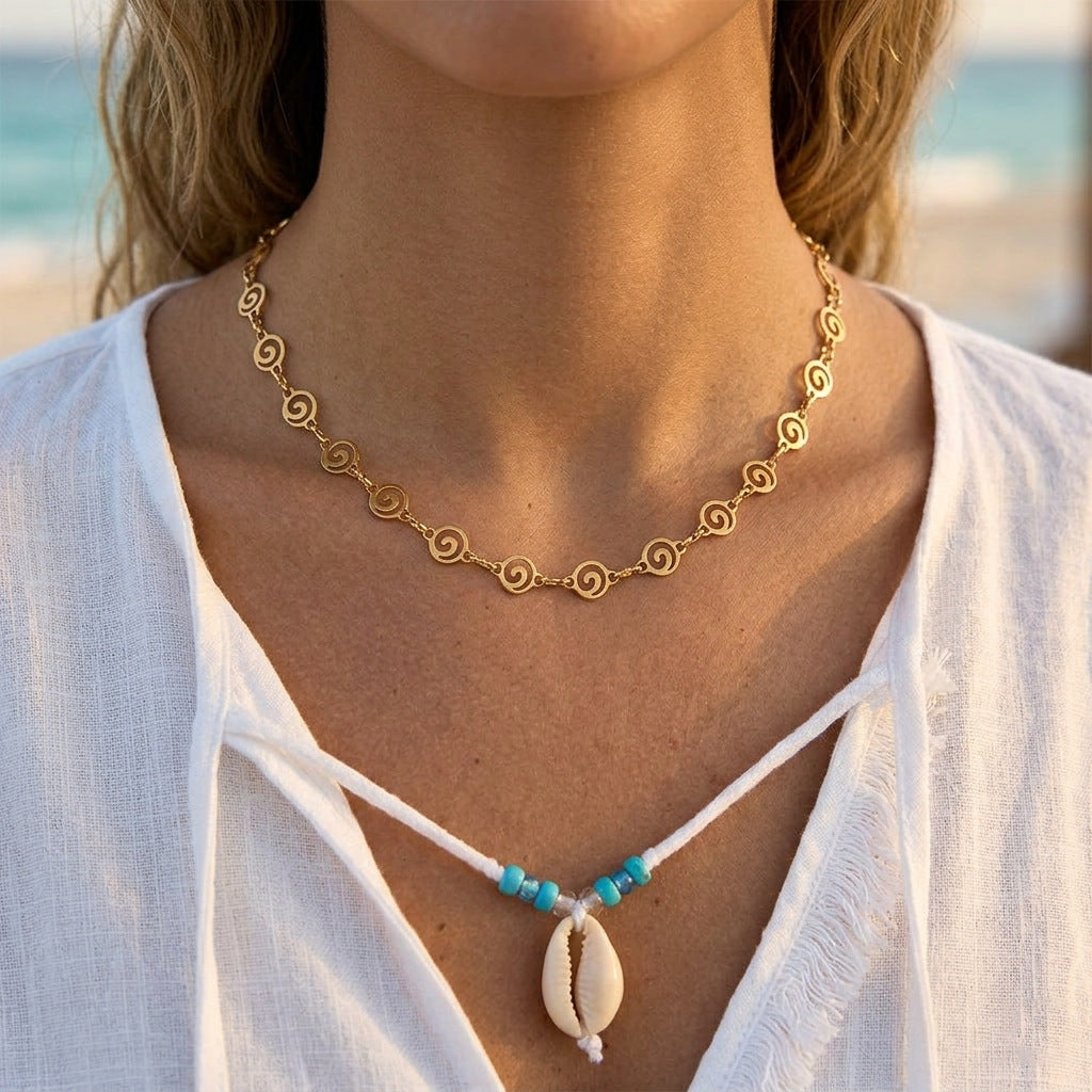 Stainless Steel Fishbone Wave Spiral Hollow Necklace