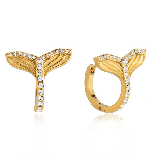 Stainless Steel Rhinestone Fish Tail Hoop Earrings