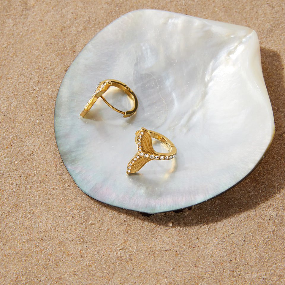Stainless Steel Rhinestone Fish Tail Hoop Earrings