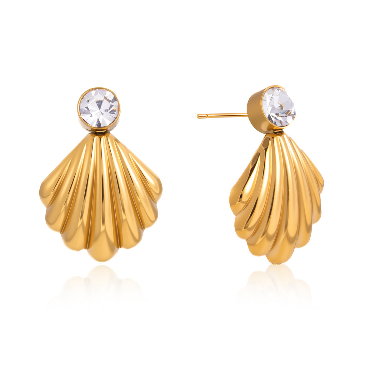 Stainless Steel White CZ Ribbed Fan-shaped Shell Earrings