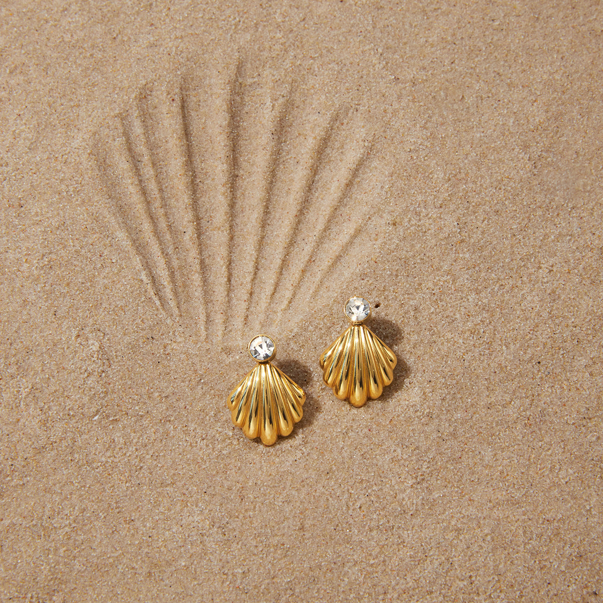 Stainless Steel White CZ Ribbed Fan-shaped Shell Earrings