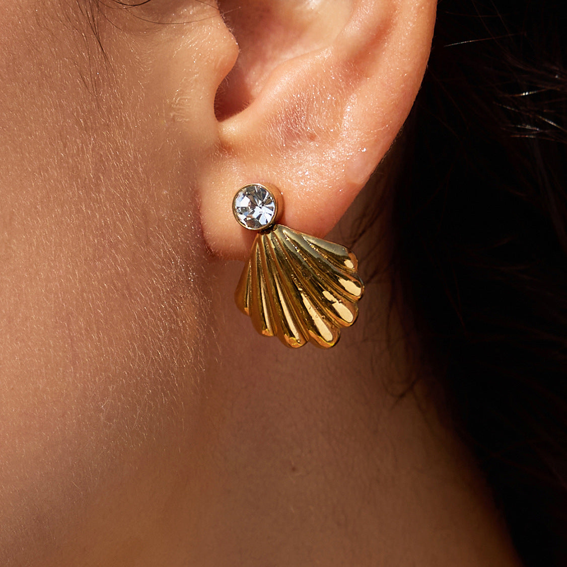 Stainless Steel White CZ Ribbed Fan-shaped Shell Earrings