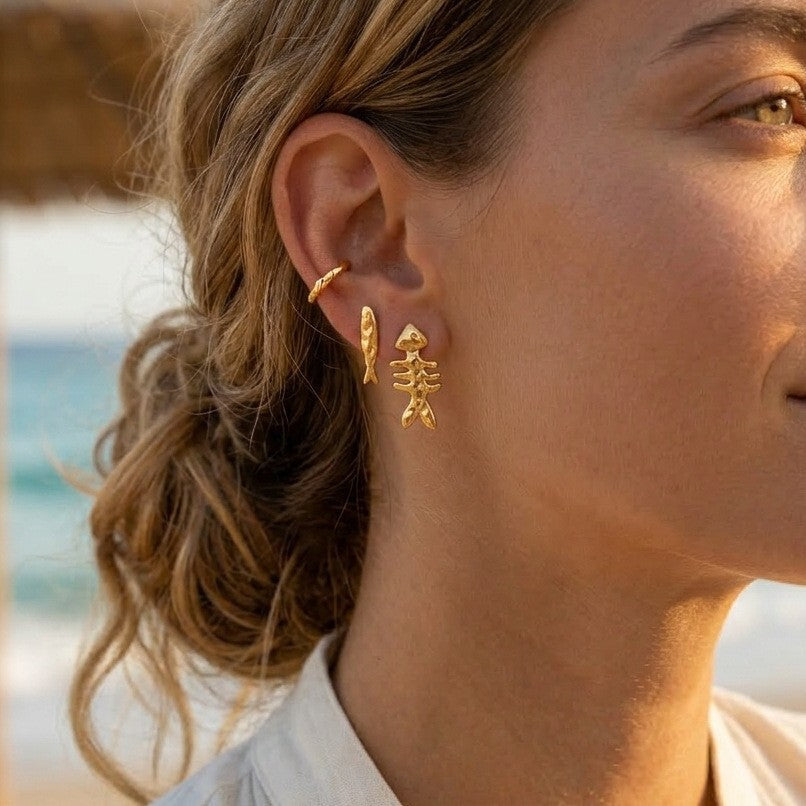 Stainless Steel Asymmetric Fish Bone Stud Earrings