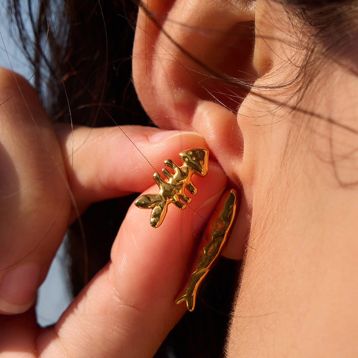 Stainless Steel Asymmetric Fish Bone Stud Earrings