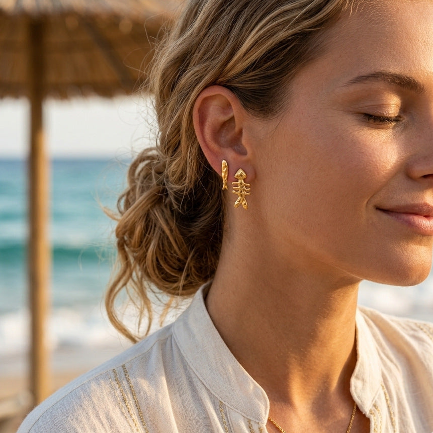 Stainless Steel Asymmetric Fish Bone Stud Earrings