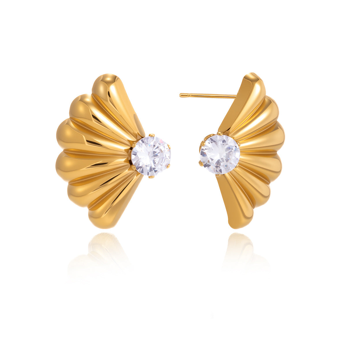 Stainless Steel CZ Ribbed Fan-shaped Shell Stud Earrings