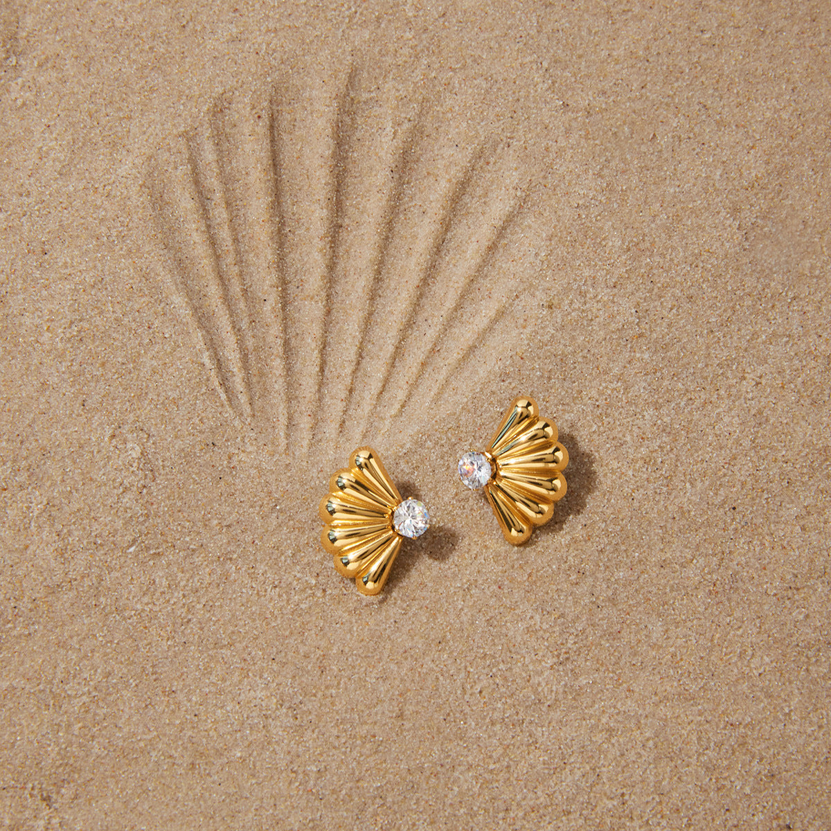 Stainless Steel CZ Ribbed Fan-shaped Shell Stud Earrings
