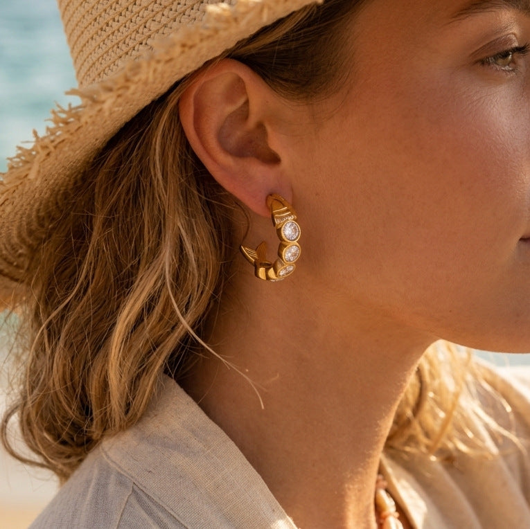 Stainless Steel CZ Fish-shaped C-shaped Hoop Earrings