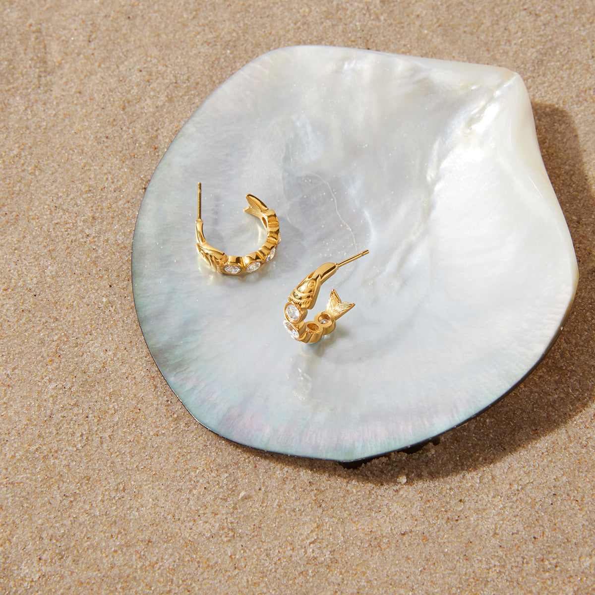 Stainless Steel CZ Fish-shaped C-shaped Hoop Earrings