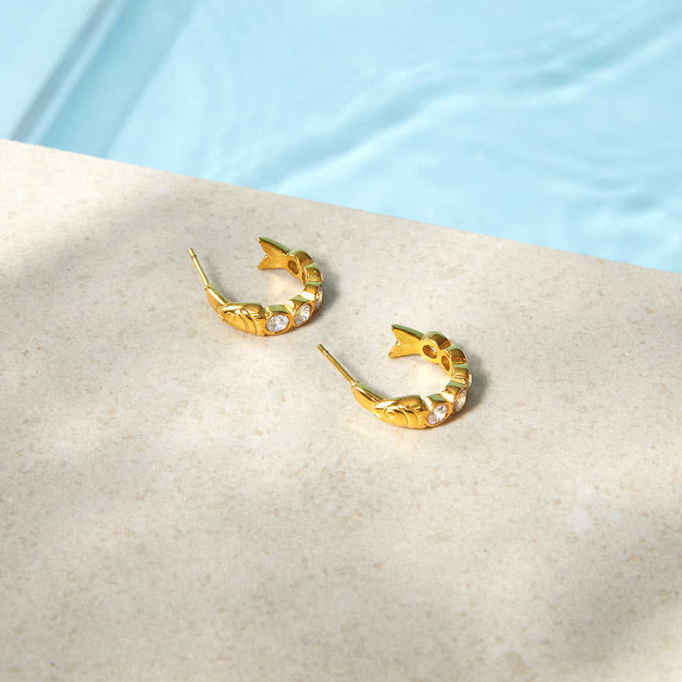 Stainless Steel CZ Fish-shaped C-shaped Hoop Earrings