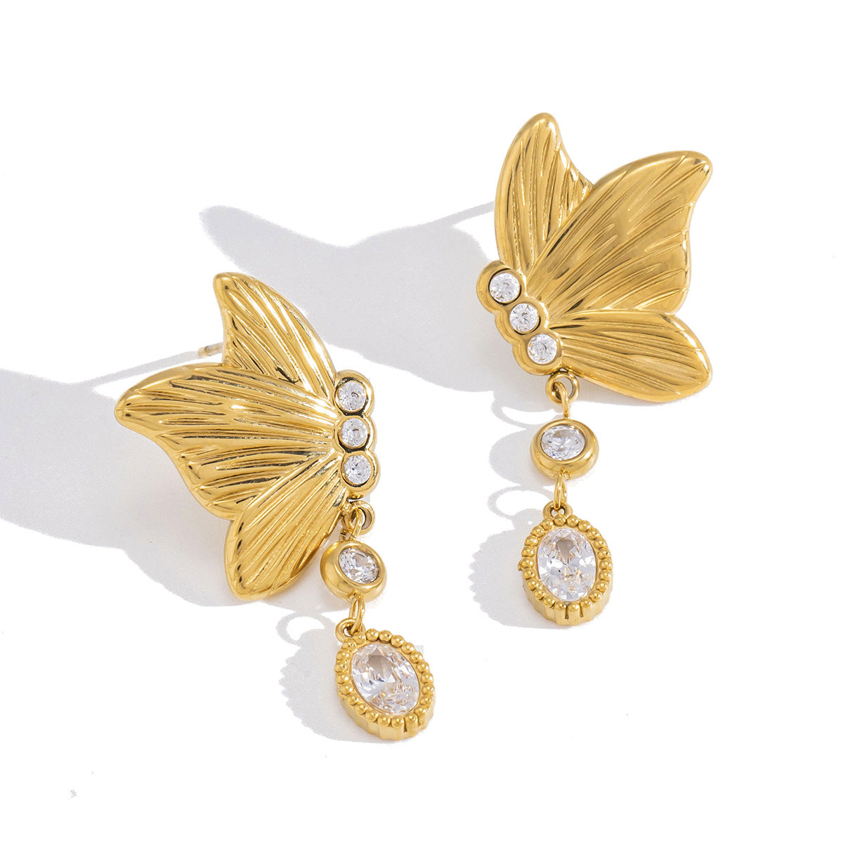 Stainless Steel Cubic Zirconia Butterfly Pendant Stud Earrings