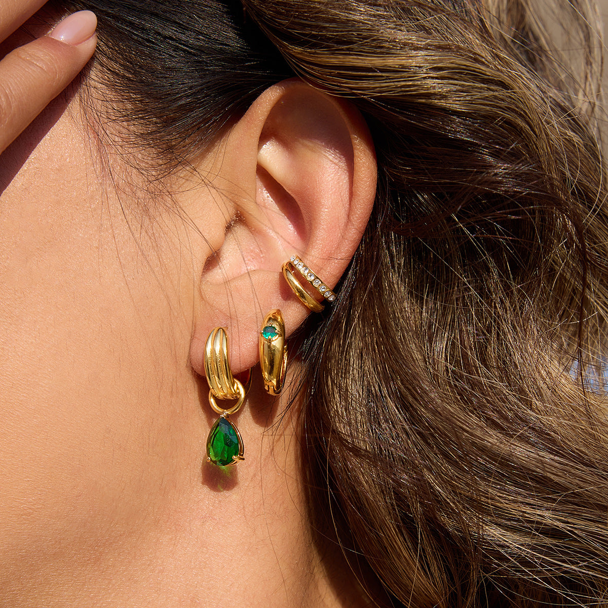 Stainless Steel Green Cubic Zirconia Huggie Earrings
