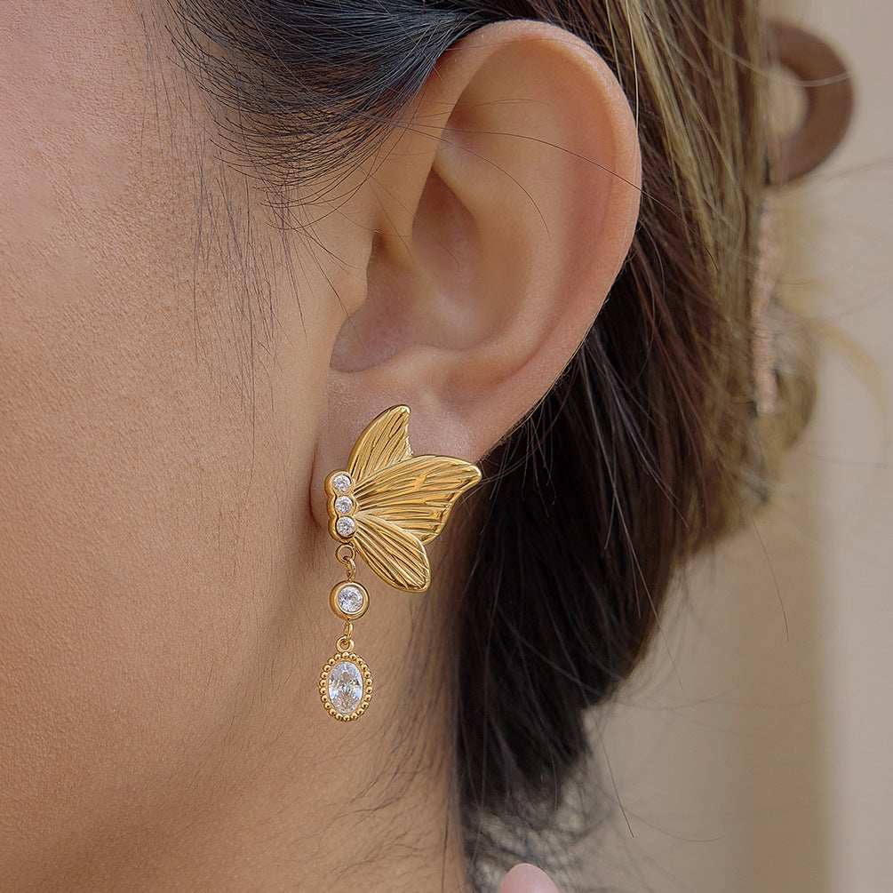 Stainless Steel Cubic Zirconia Butterfly Pendant Stud Earrings