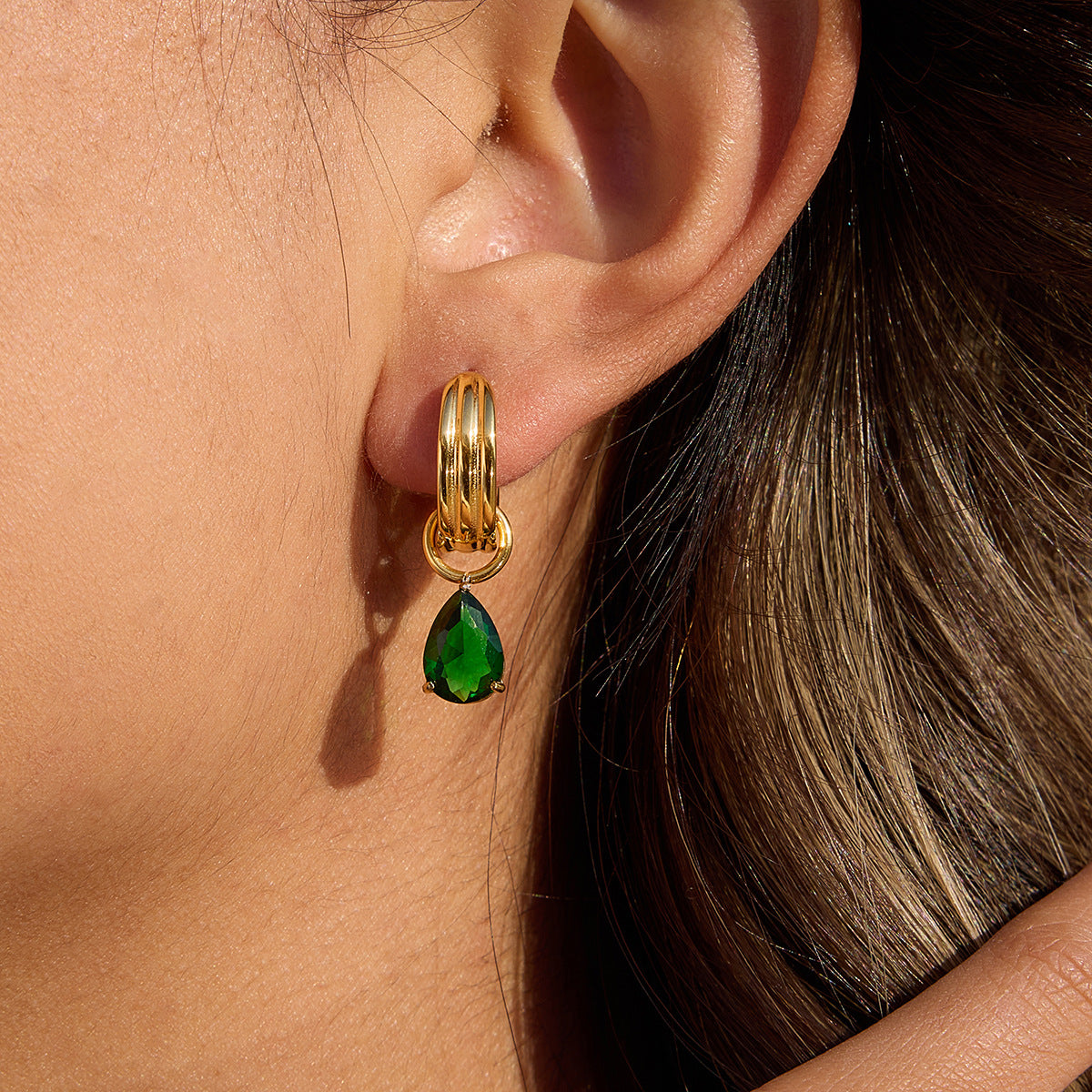 Stainless Steel Green Cubic Zirconia Huggie Earrings