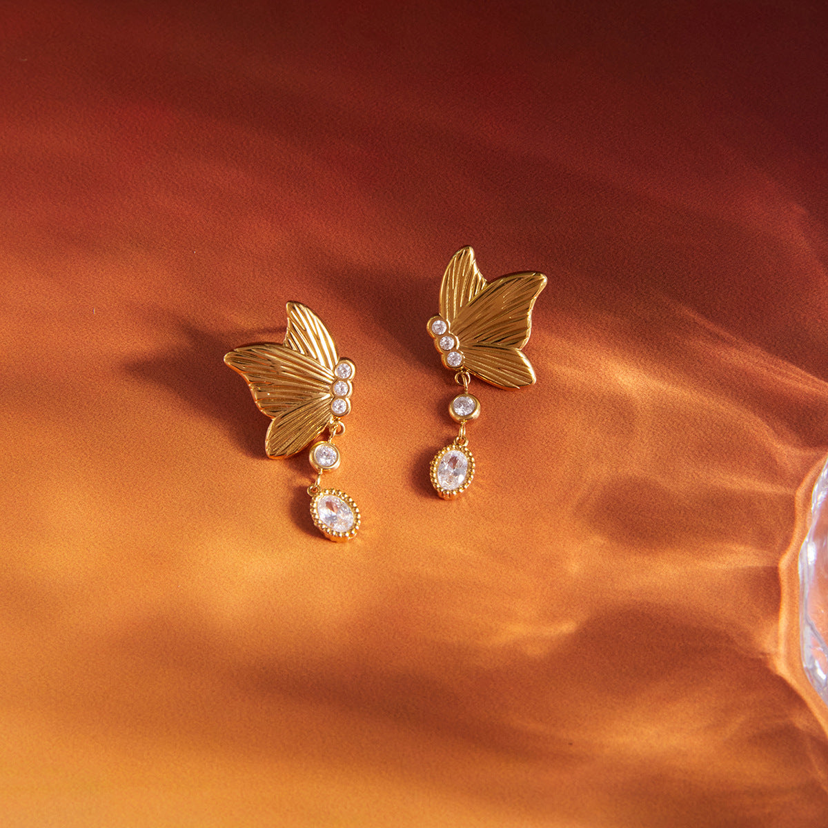 Stainless Steel Cubic Zirconia Butterfly Pendant Stud Earrings