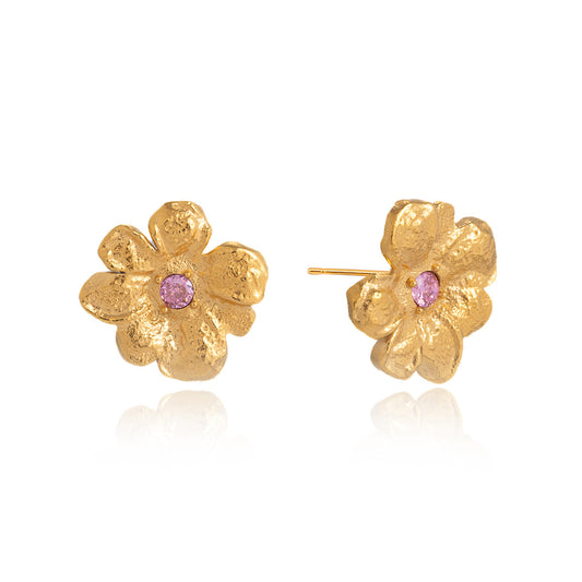 Stainless Steel Pink Cubic Zirconia Flower Stud Earrings