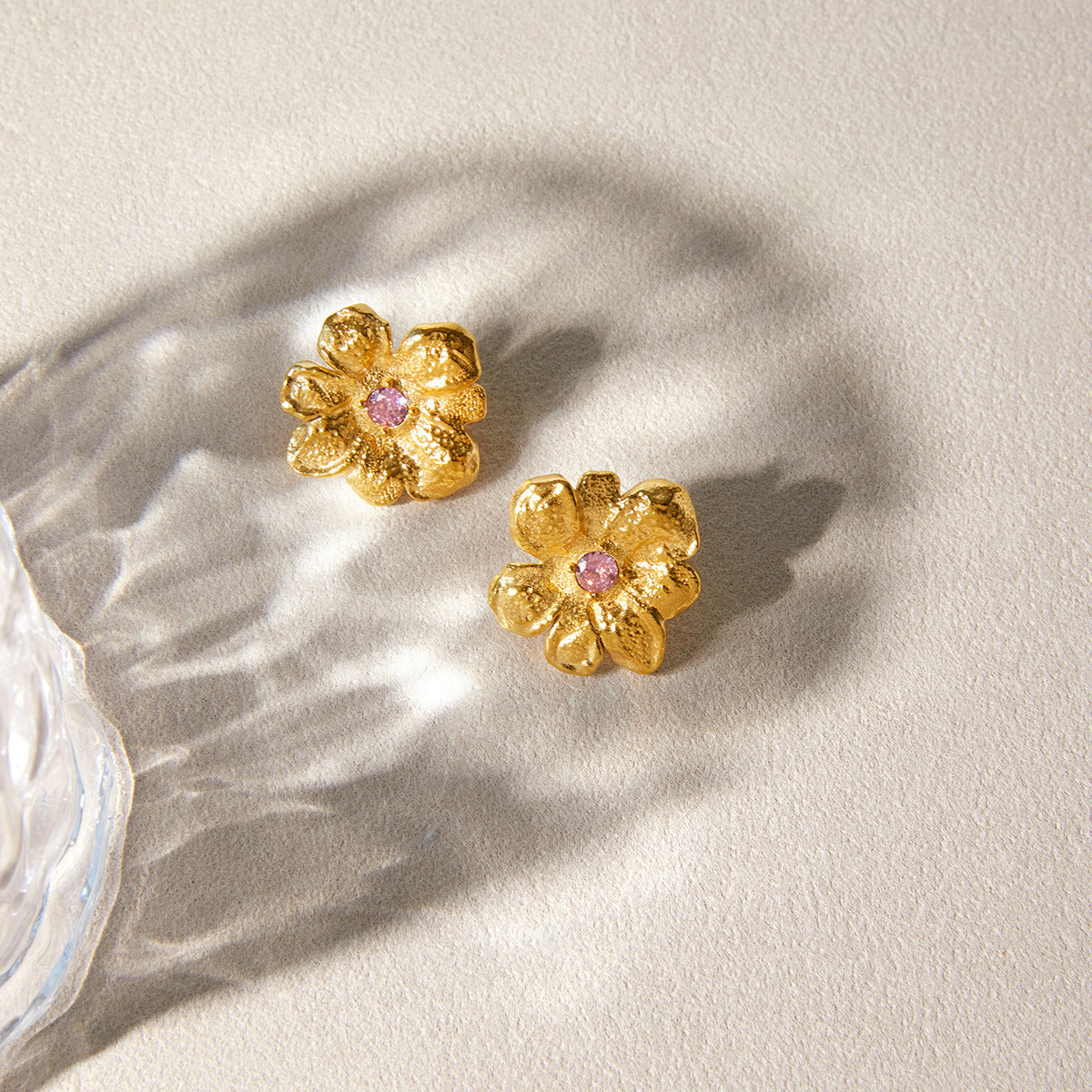 Stainless Steel Pink Cubic Zirconia Flower Stud Earrings