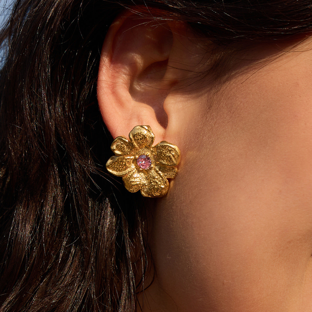 Stainless Steel Pink Cubic Zirconia Flower Stud Earrings