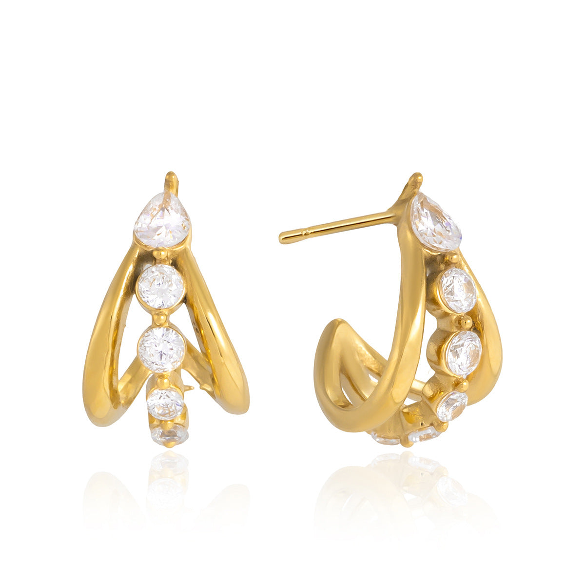 Stainless Steel White CZ Three-layer Hollow C-shaped Stud Earrings