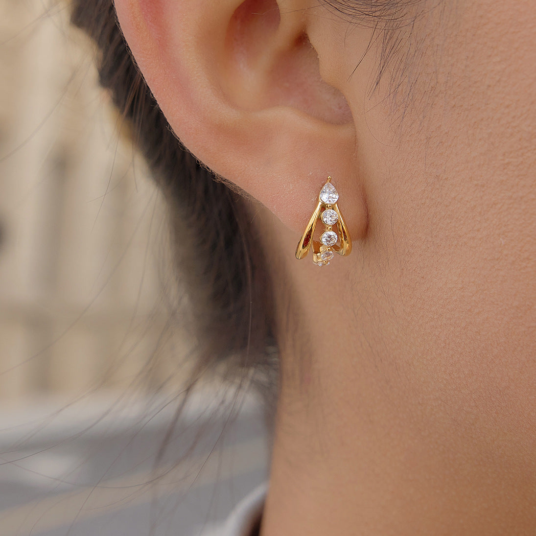 Stainless Steel White CZ Three-layer Hollow C-shaped Stud Earrings