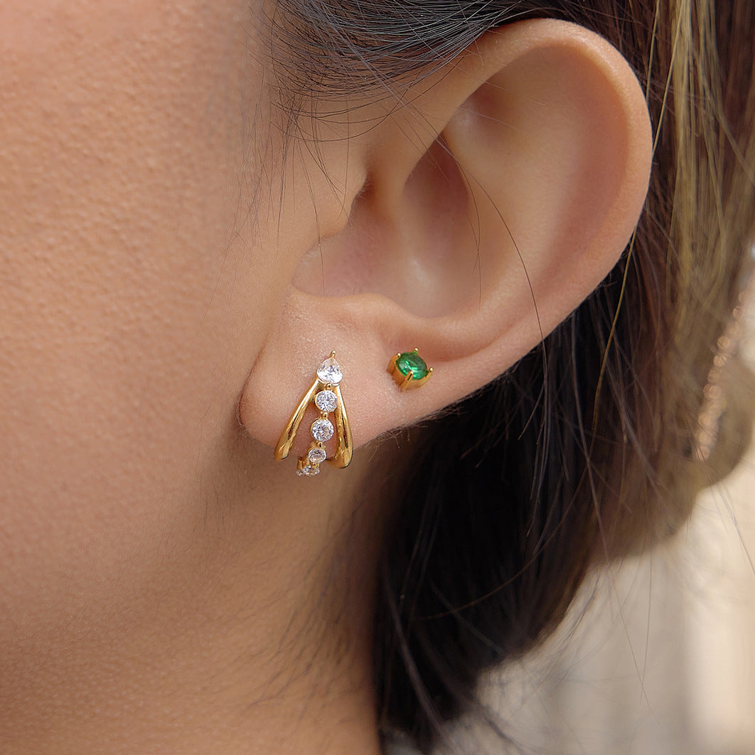 Stainless Steel White CZ Three-layer Hollow C-shaped Stud Earrings