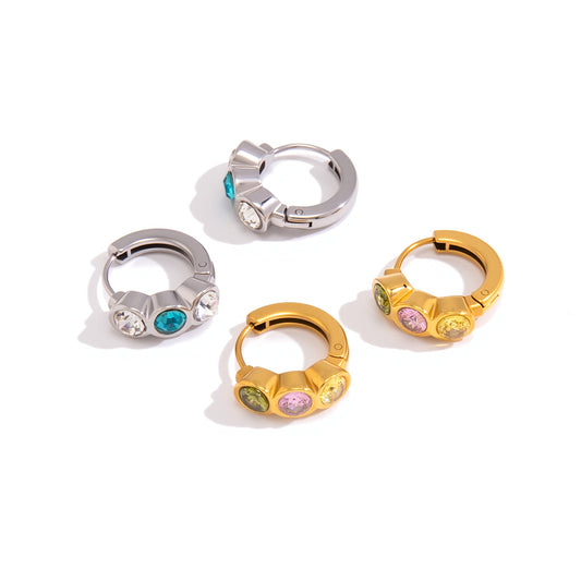 Stainless Steel Rainbow CZ Huggie Earrings