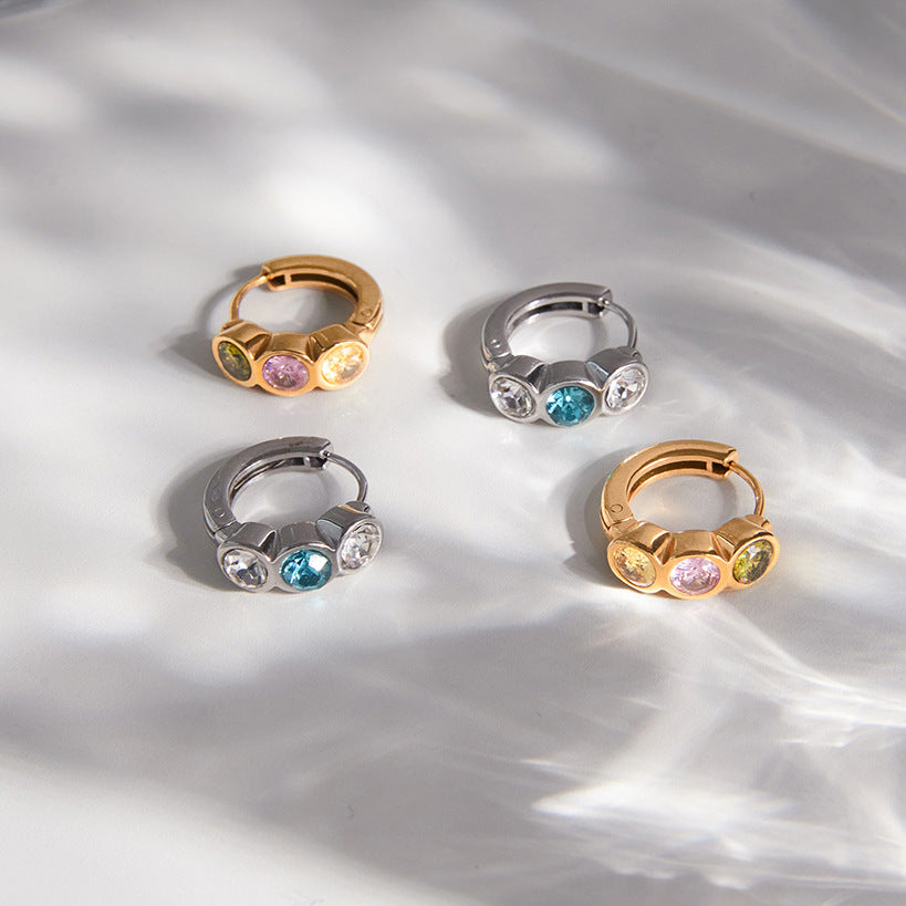 Stainless Steel Rainbow CZ Huggie Earrings