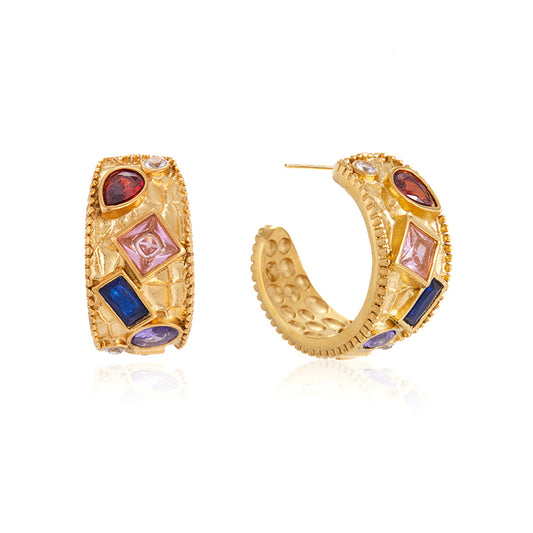 Stainless Steel Rainbow CZ C-shaped Hoop Earrings