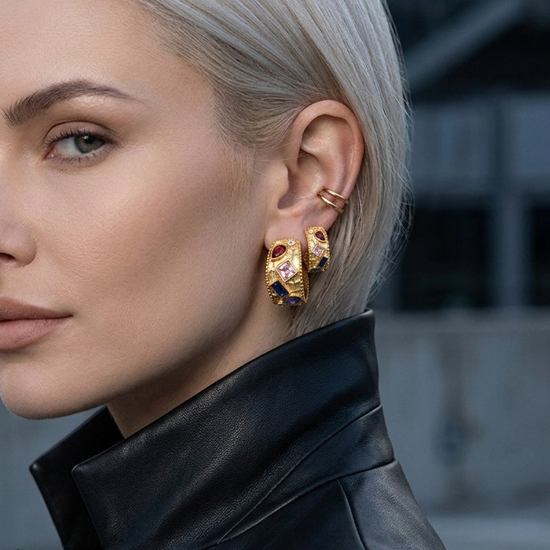 Stainless Steel Rainbow CZ C-shaped Hoop Earrings