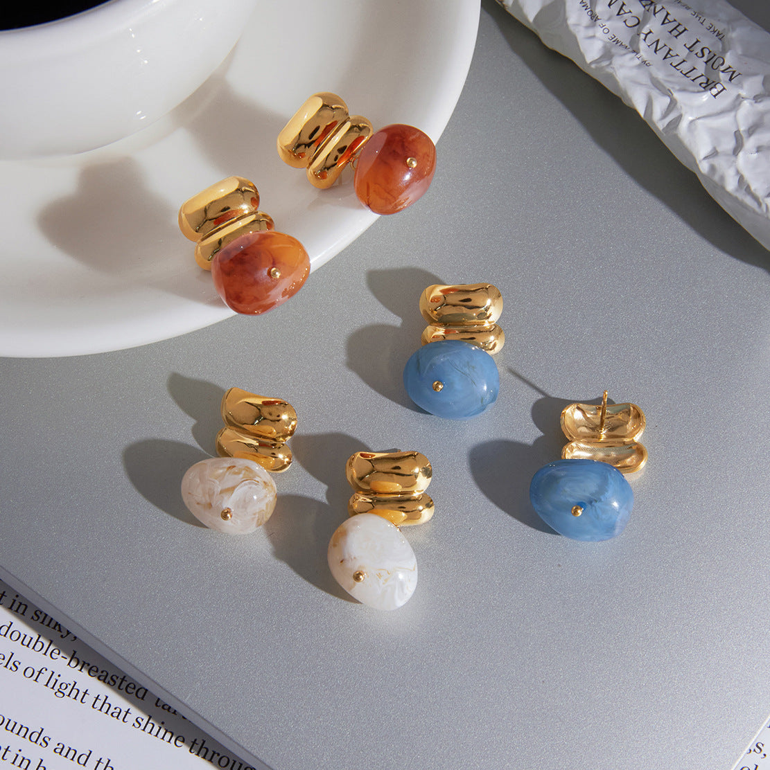 Stainless Steel Resin Geometric Pendant Stud Earrings