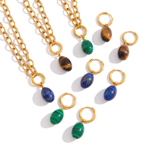 Stainless Steel Natural Stone Necklace Earrings Jewelry Set