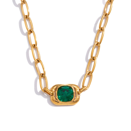 Stainless Steel Green Glass Square Pendant Necklace