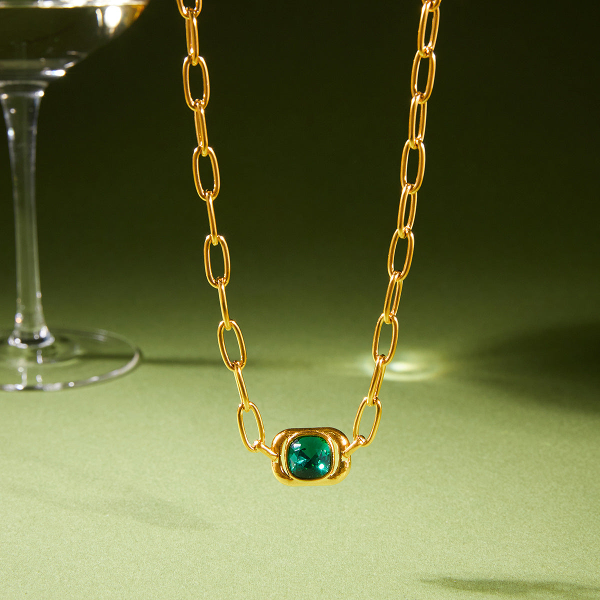 Stainless Steel Green Glass Square Pendant Necklace