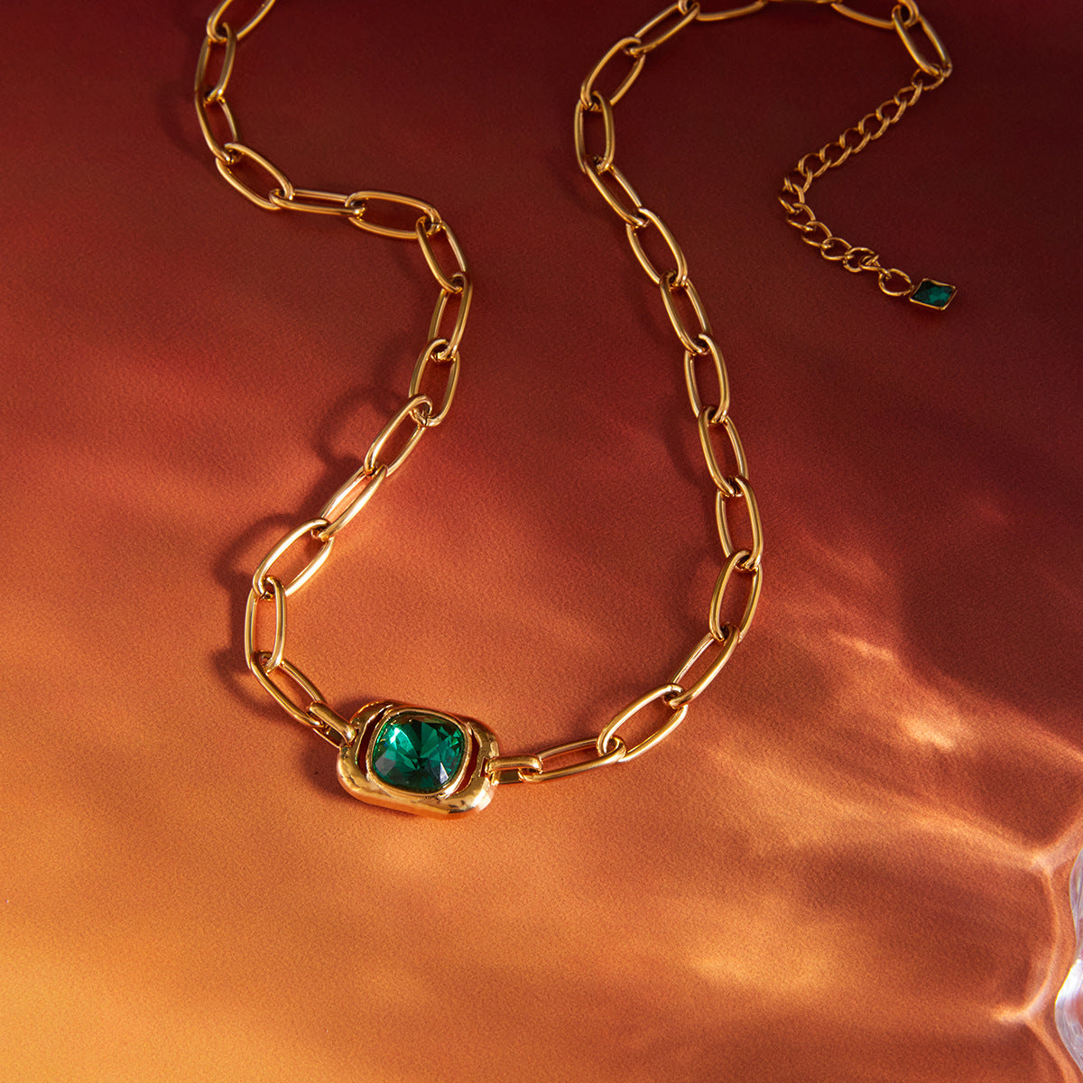 Stainless Steel Green Glass Square Pendant Necklace
