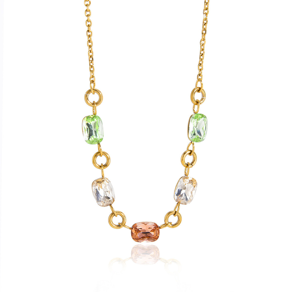 Stainless Steel Rainbow Rhinestone Cable Chain Necklace