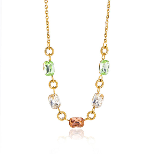 Stainless Steel Rainbow Rhinestone Cable Chain Necklace