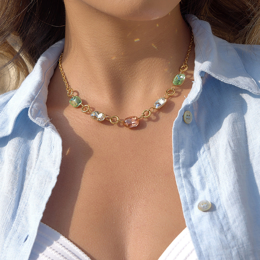 Stainless Steel Rainbow Rhinestone Cable Chain Necklace
