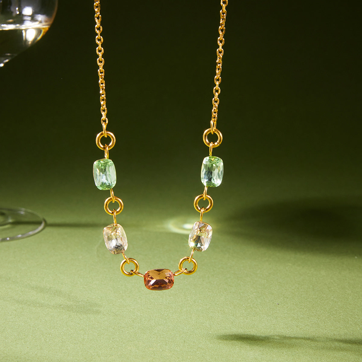 Stainless Steel Rainbow Rhinestone Cable Chain Necklace
