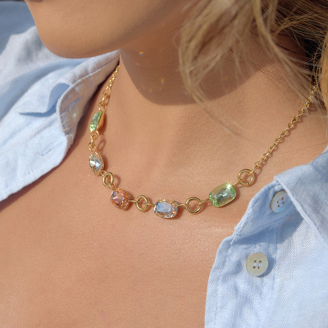 Stainless Steel Rainbow Rhinestone Cable Chain Necklace