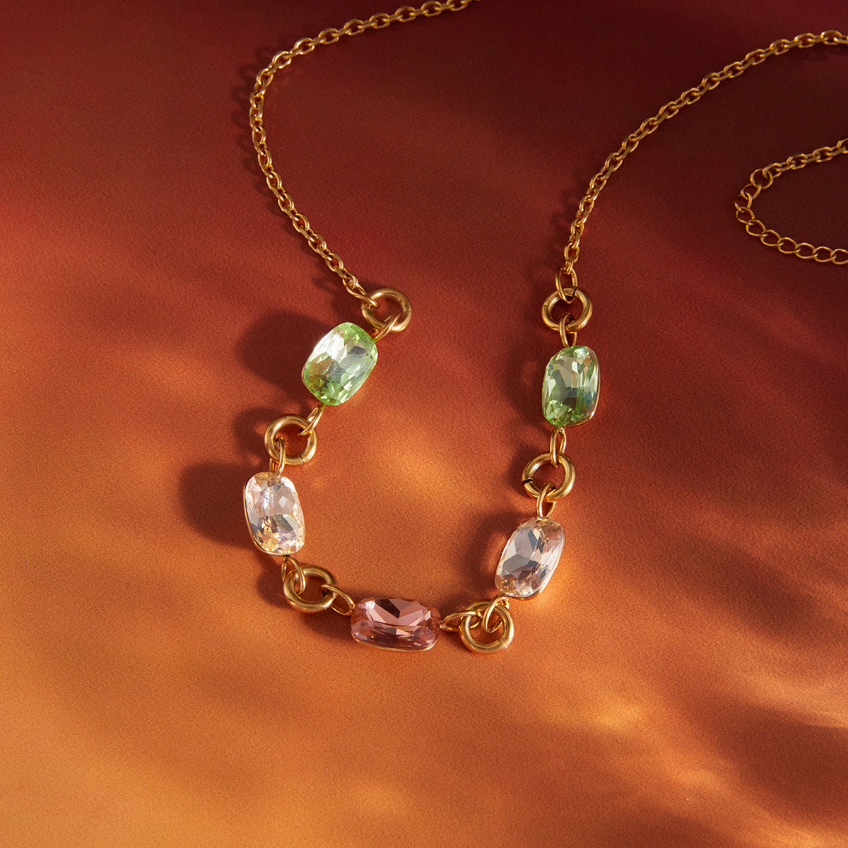 Stainless Steel Rainbow Rhinestone Cable Chain Necklace