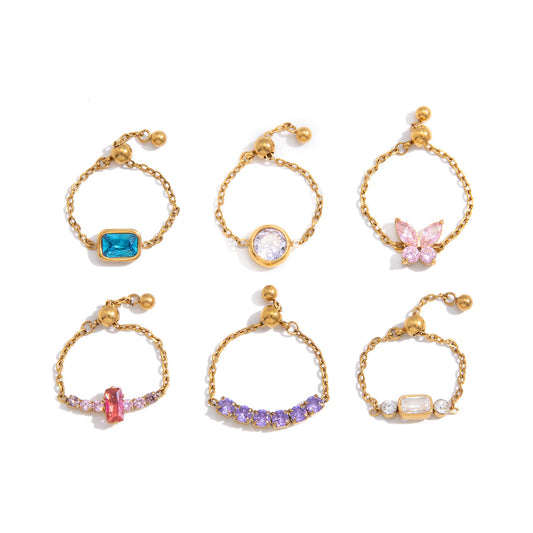 Adjustable Drawstring Stainless Steel Purple CZ Ring