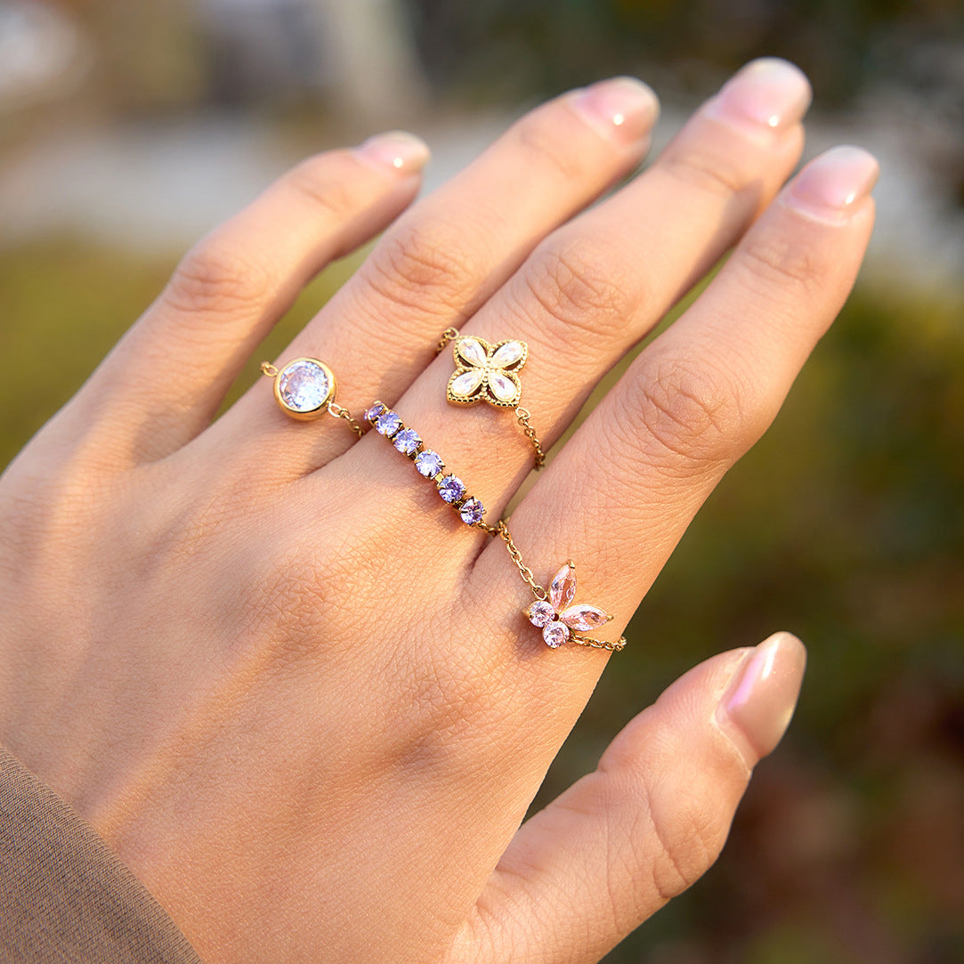 Adjustable Drawstring Stainless Steel Purple CZ Ring